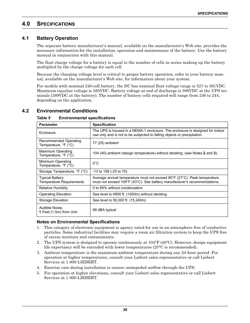 0 specifications, 1 battery operation, 2 environmental conditions | Table 5 environmental specifications, Notes on environmental specifications, Specifications, Battery operation, Environmental conditions, Table 5, Environmental specifications | Emerson 250-400kVA User Manual | Page 45 / 72