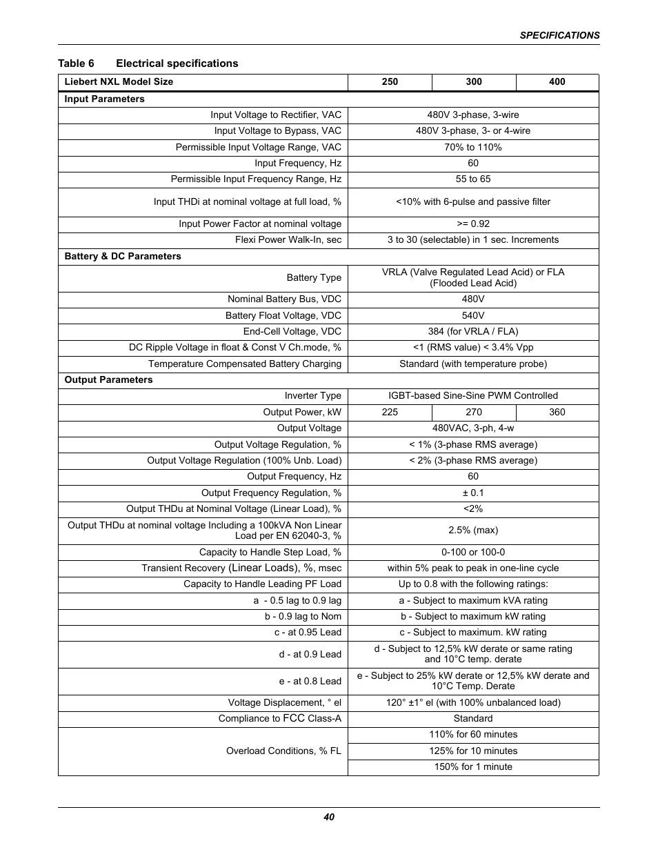 Table 6 electrical specifications, Table 6, Electrical specifications | Emerson 250-400kVA User Manual | Page 46 / 72