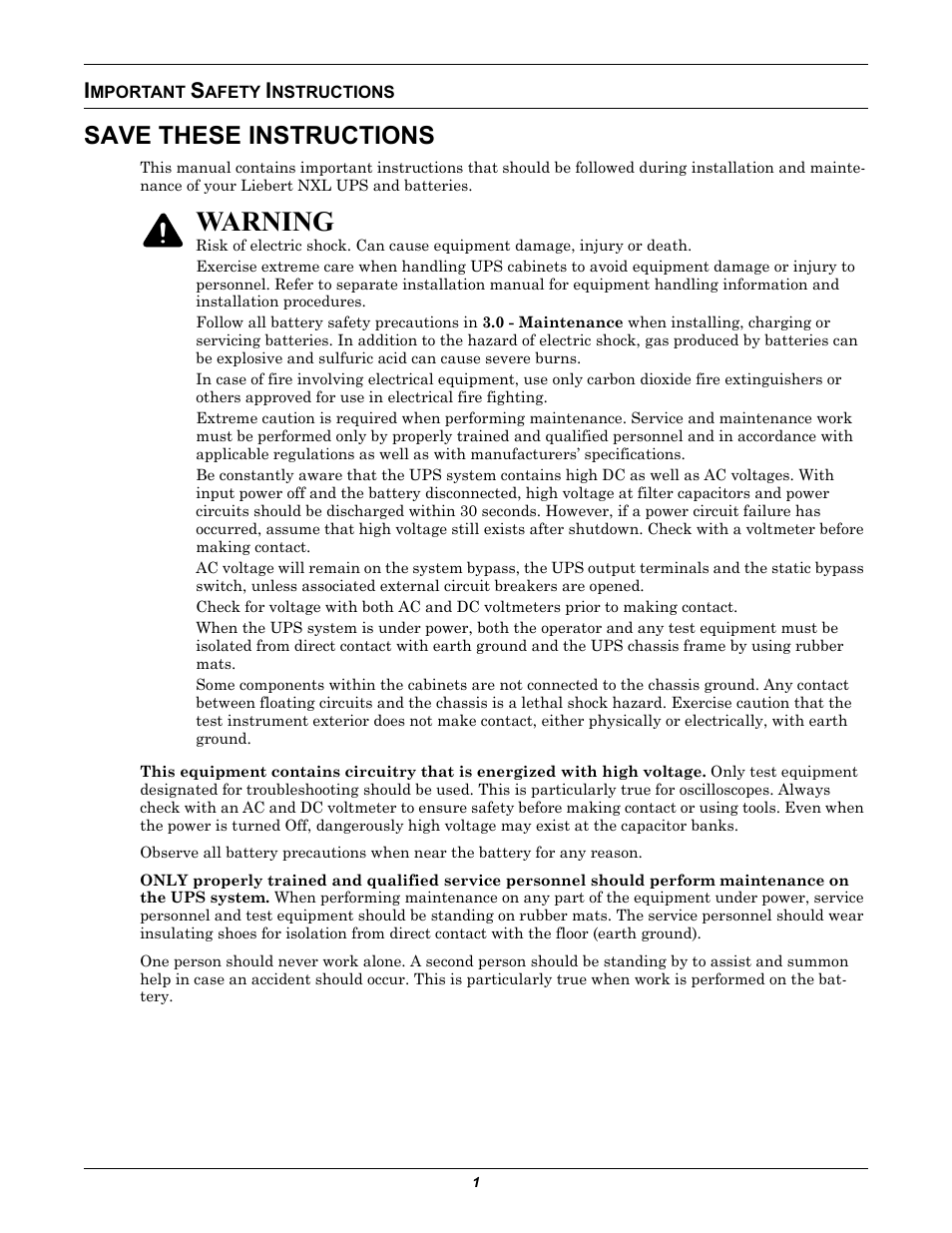 Important safety instructions, Save these instructions, Warning | Emerson 250-400kVA User Manual | Page 7 / 72