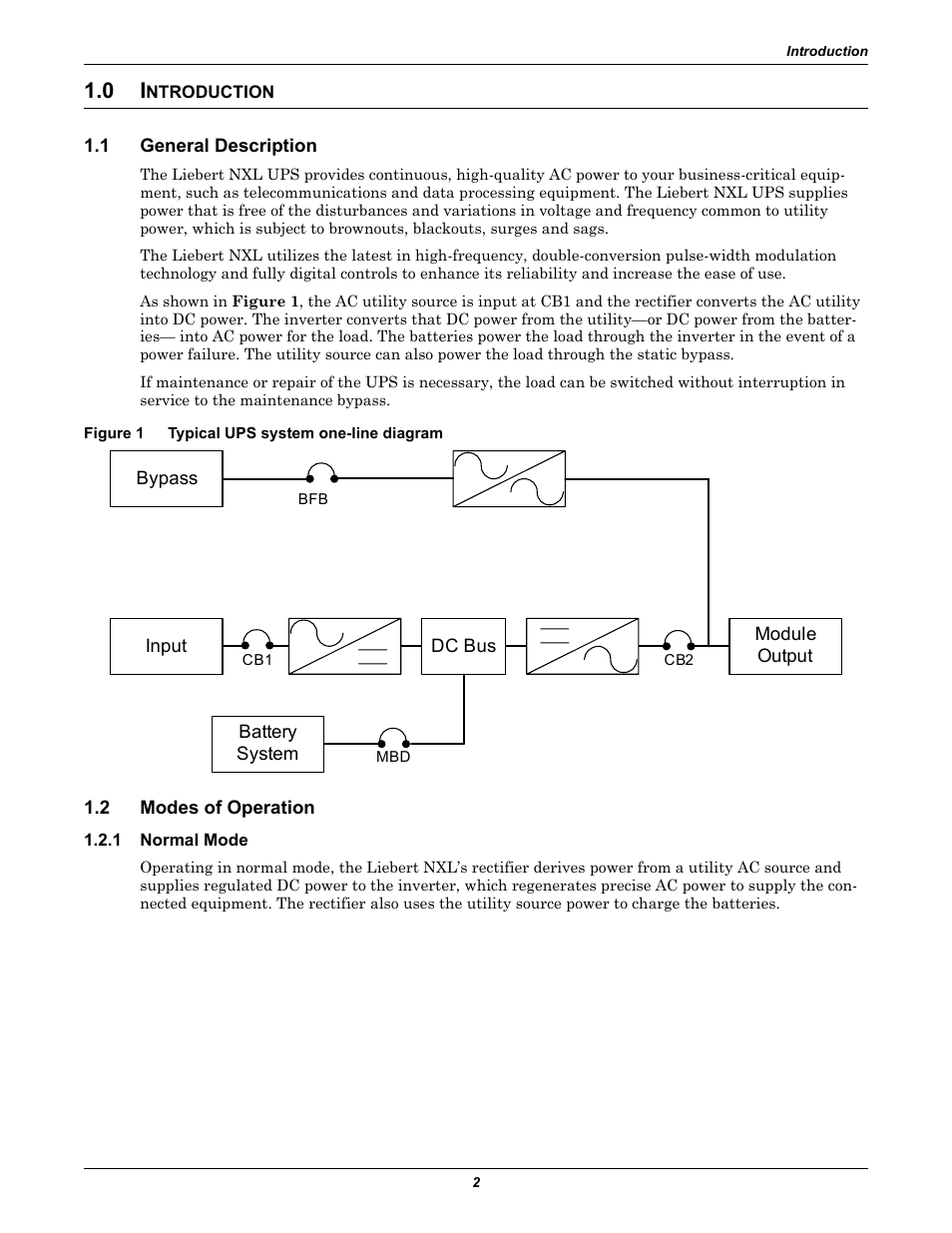 0 introduction, 1 general description, Figure 1 typical ups system one-line diagram | 2 modes of operation, 1 normal mode, Ntroduction, General description, Modes of operation, Normal mode, Typical ups system one-line diagram | Emerson 250-400kVA User Manual | Page 8 / 72