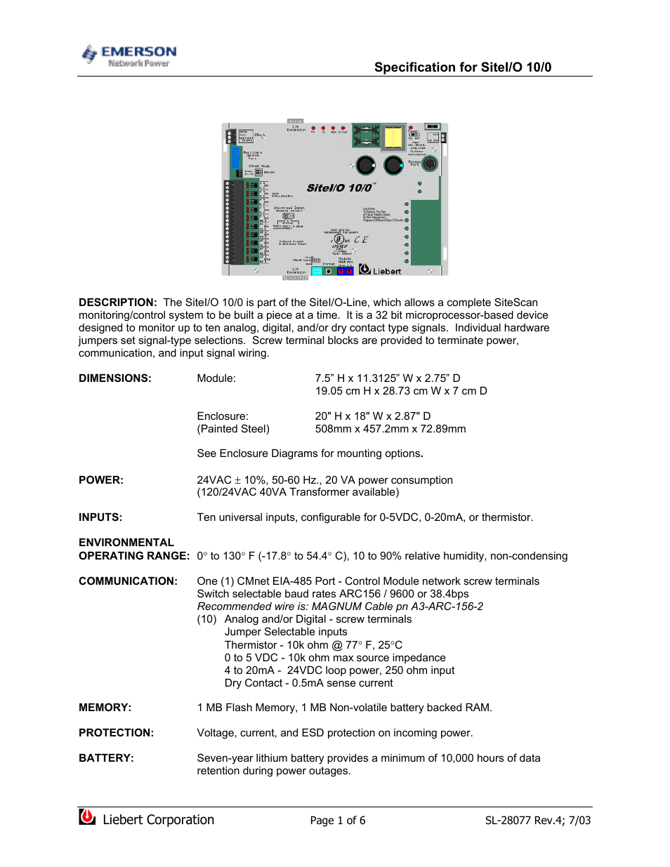 Emerson SiteI/O-Line User Manual | 6 pages