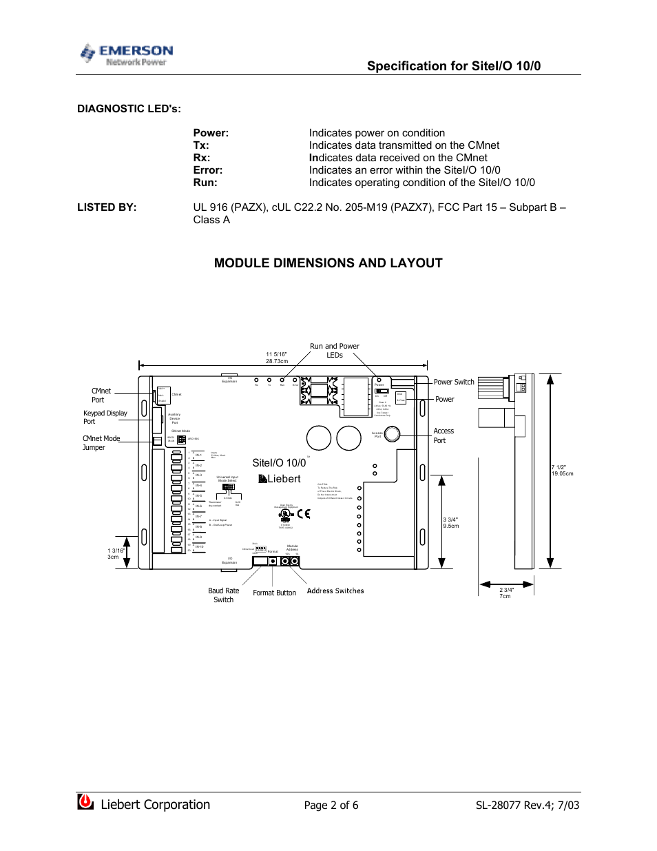 Specification for sitei/o 10/0, Module dimensions and layout, Liebert corporation | Liebert sitei/o 10/0, Cmnet port, Cmnet mode jumper, Run and power leds | Emerson SiteI/O-Line User Manual | Page 2 / 6