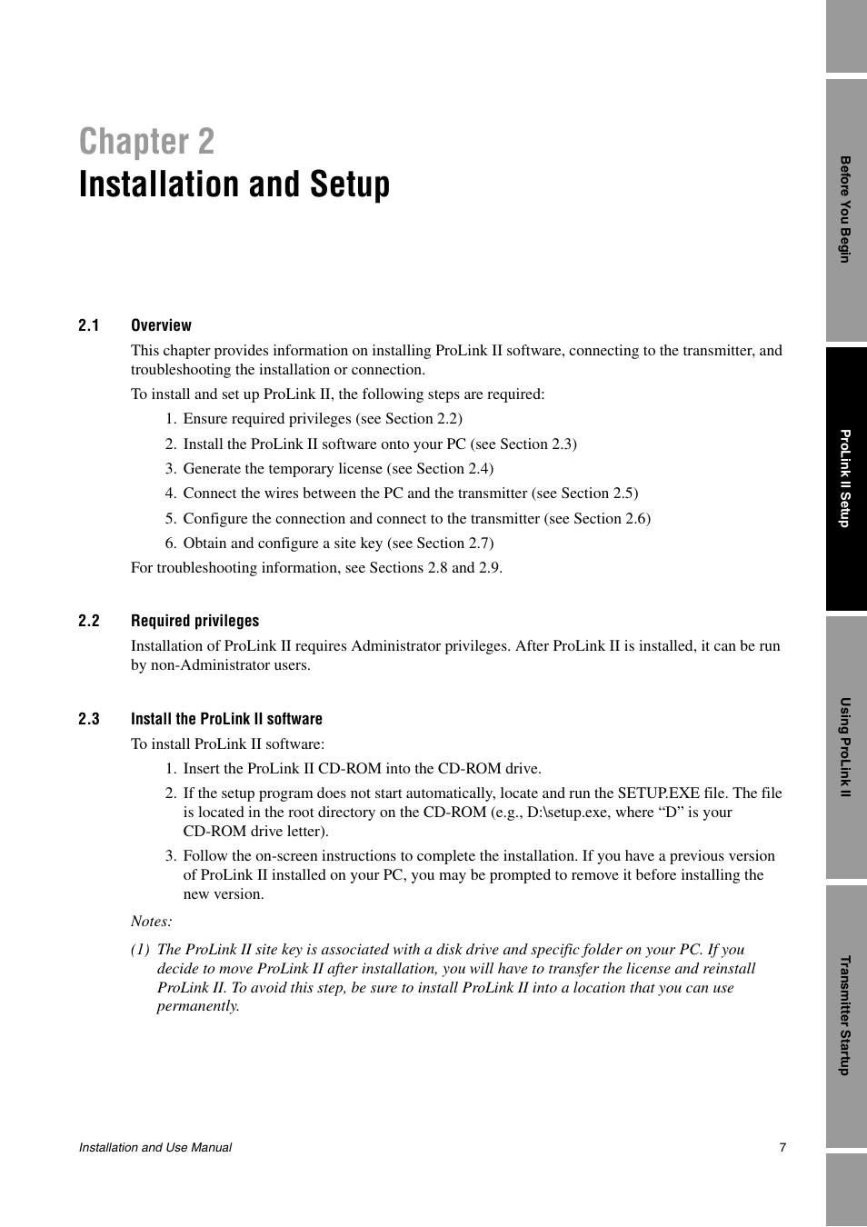 Installation and setup, 1 overview, 2 required privileges | 3 install the prolink ii software, Chapter 2 installation and setup | Emerson Network Router User Manual | Page 13 / 96