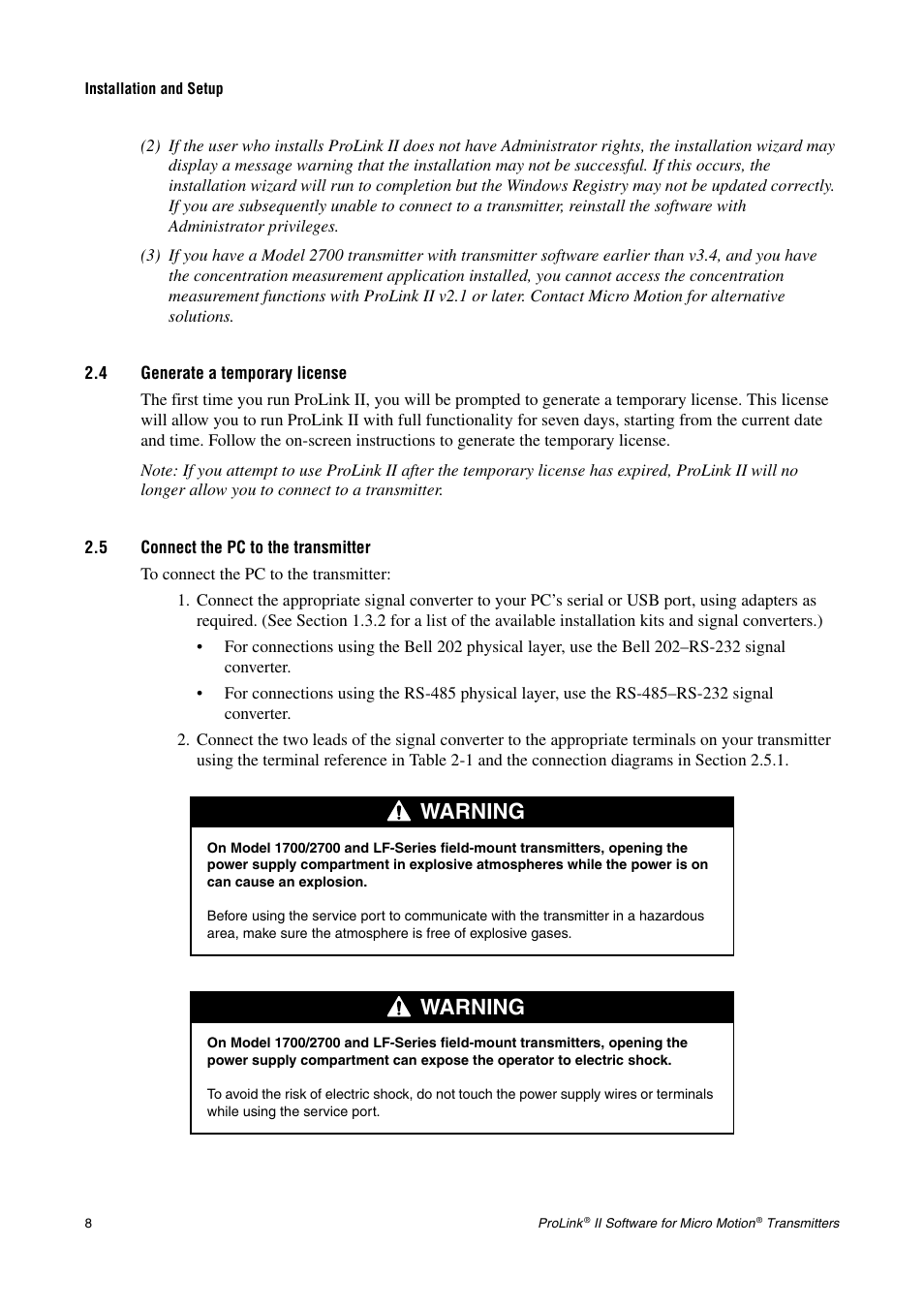 4 generate a temporary license, 5 connect the pc to the transmitter, License (see section 2.4) | And the transmitter (see section 2.5), Warning | Emerson Network Router User Manual | Page 14 / 96