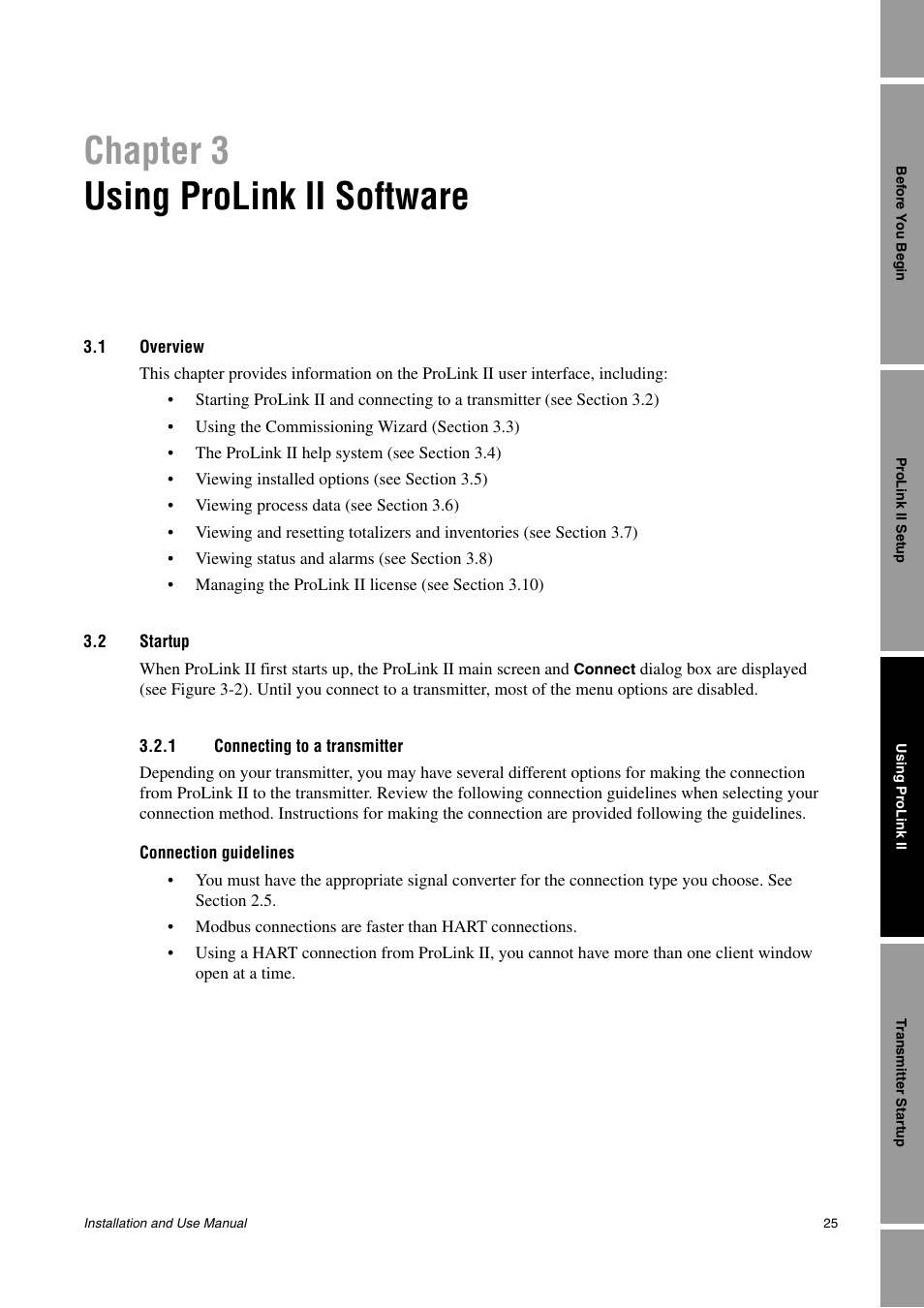 Using prolink ii software, 1 overview, 2 startup | 1 connecting to a transmitter, Chapter 3 using prolink ii software | Emerson Network Router User Manual | Page 31 / 96