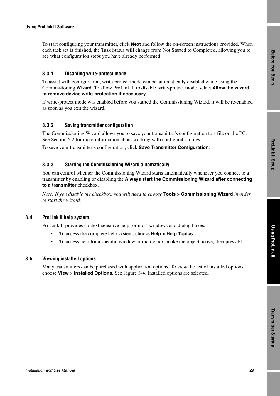 1 disabling write-protect mode, 2 saving transmitter configuration, 3 starting the commissioning wizard automatically | 4 prolink ii help system, 5 viewing installed options, Ii help system (see section 3.4), Led options (see section 3.5) | Emerson Network Router User Manual | Page 35 / 96