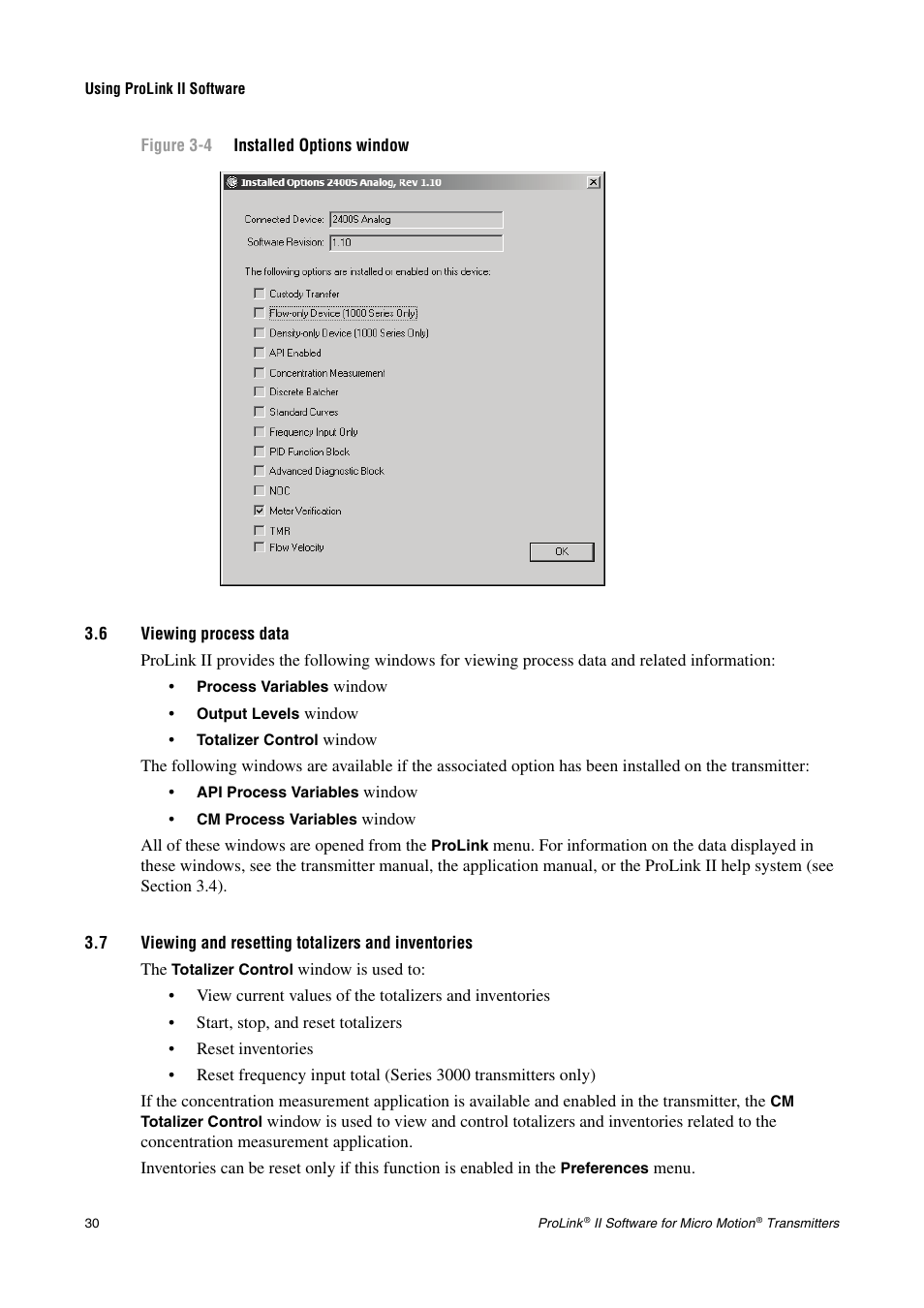 6 viewing process data, 7 viewing and resetting totalizers and inventories, Ee section 3.6) | Ntories (see section 3.7) | Emerson Network Router User Manual | Page 36 / 96