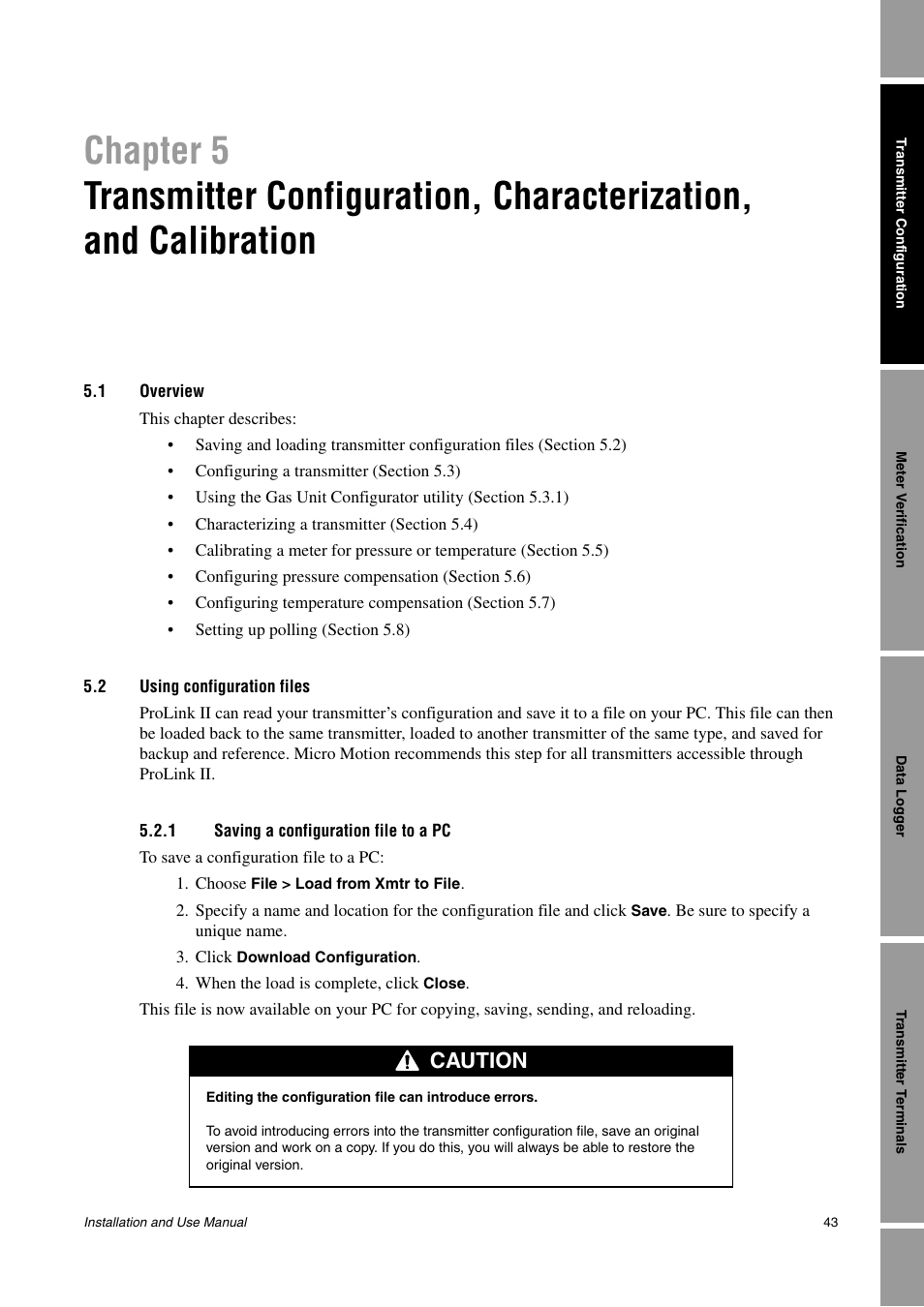 1 overview, 2 using configuration files, 1 saving a configuration file to a pc | Caution | Emerson Network Router User Manual | Page 49 / 96