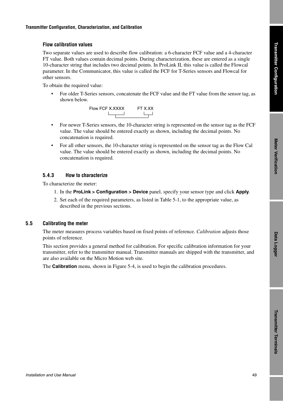 3 how to characterize, 5 calibrating the meter, Section 5.5) | Ed “flow calibration values, D “flow calibration values, Flow calibration values | Emerson Network Router User Manual | Page 55 / 96