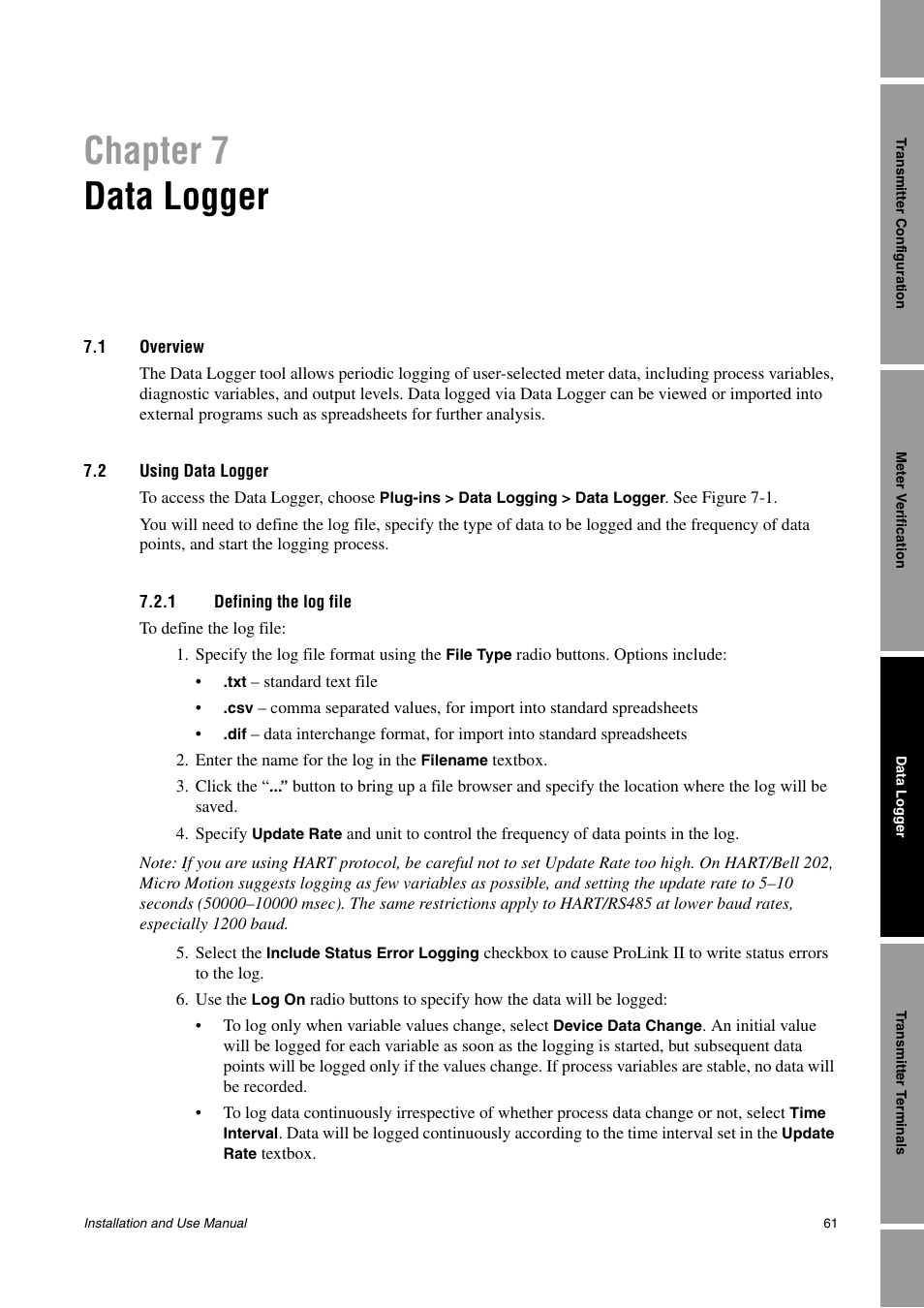 Data logger, 1 overview, 2 using data logger | 1 defining the log file, Chapter 7 data logger | Emerson Network Router User Manual | Page 67 / 96