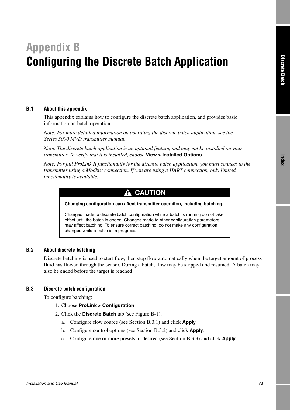 Configuring the discrete batch application, B.1 about this appendix, B.2 about discrete batching | B.3 discrete batch configuration, Caution | Emerson Network Router User Manual | Page 79 / 96
