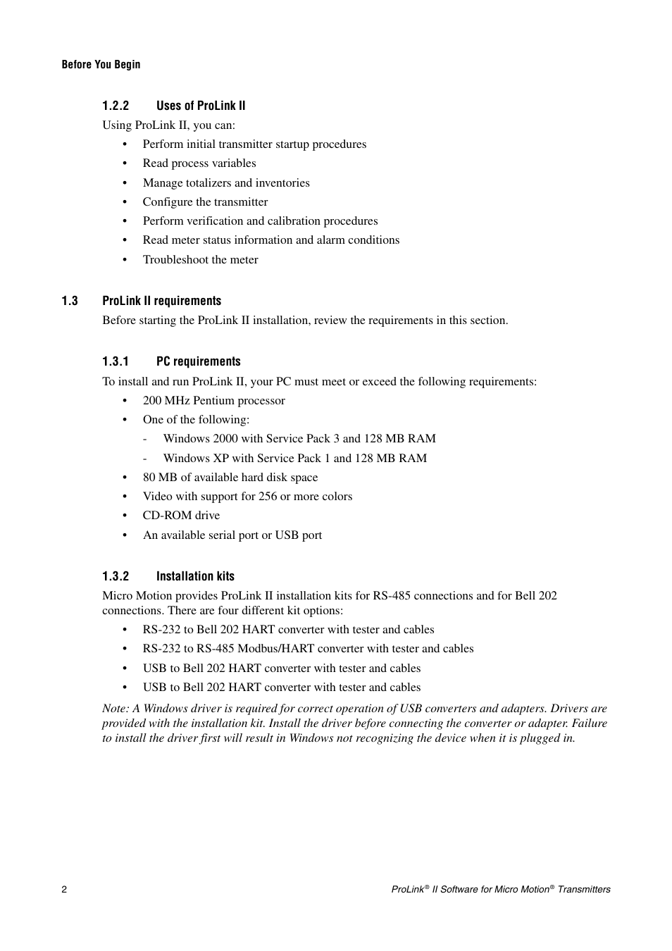 2 uses of prolink ii, 3 prolink ii requirements, 1 pc requirements | 2 installation kits | Emerson Network Router User Manual | Page 8 / 96