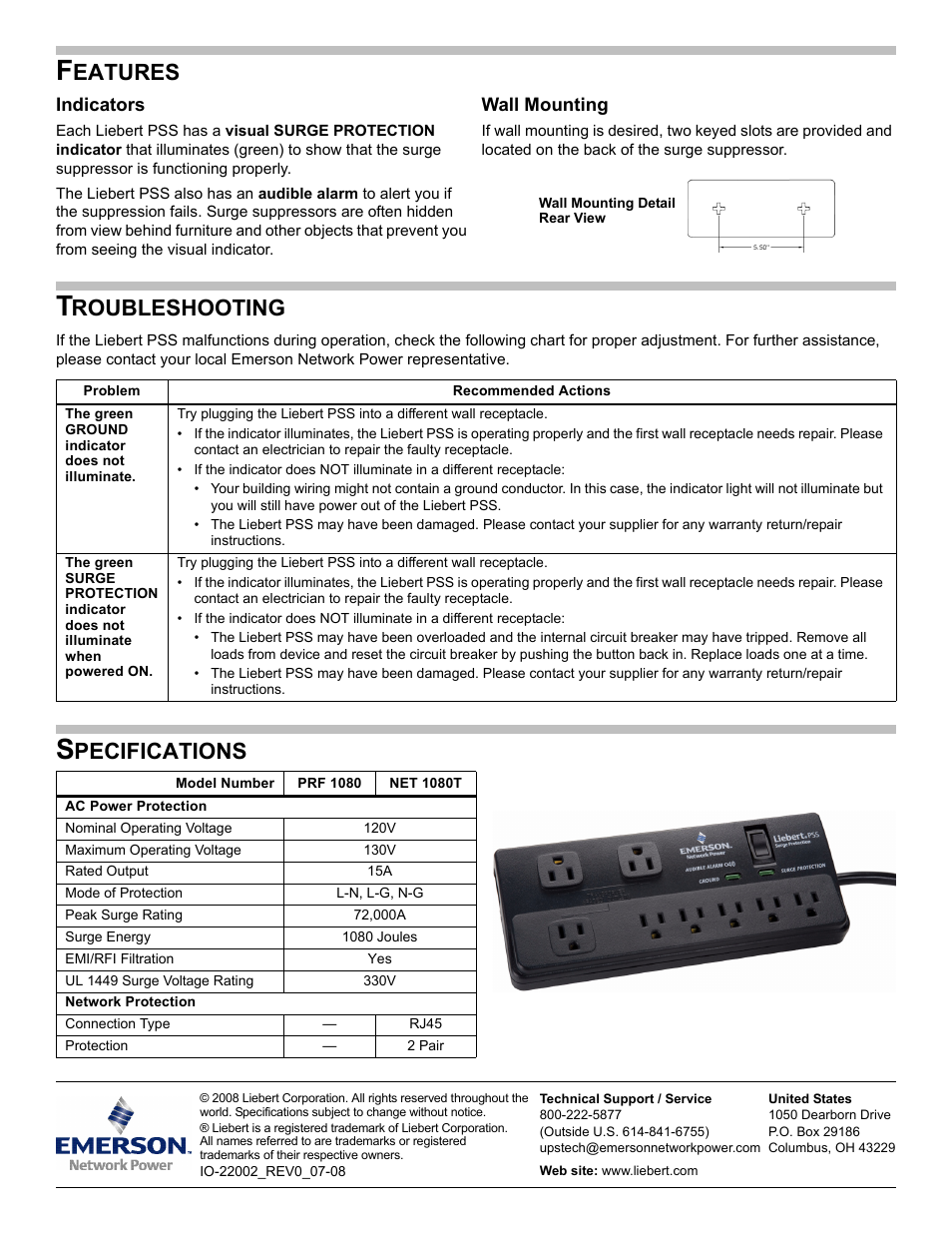 Features, Troubleshooting, Specifications | Eatures, Roubleshooting, Pecifications | Emerson PRF 1080 User Manual | Page 2 / 2