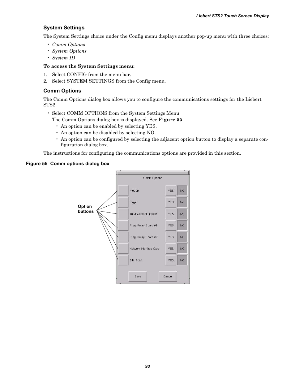 System settings, Comm options, Figure 55 comm options dialog box | Comm | Emerson Liebert Static Transfer Switch User Manual | Page 101 / 152