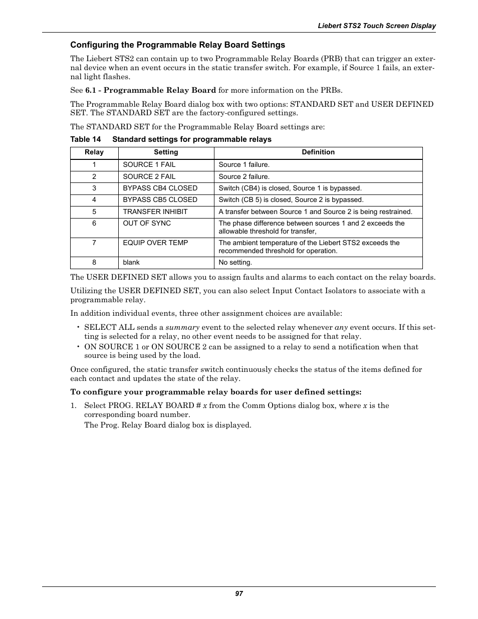 Configuring the programmable relay board settings, Table 14 standard settings for programmable relays, Table 14 | Standard settings for programmable relays | Emerson Liebert Static Transfer Switch User Manual | Page 105 / 152