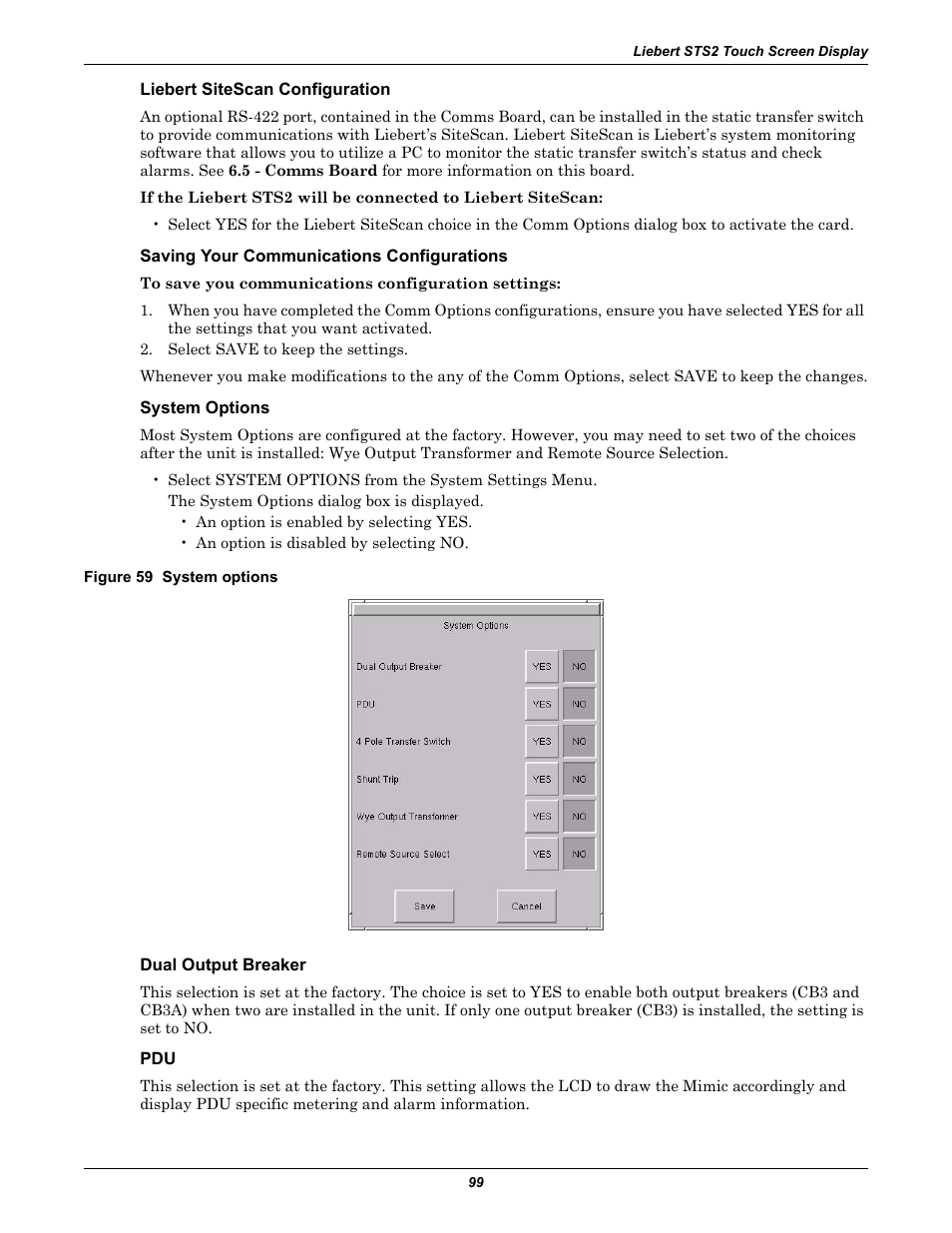 Liebert sitescan configuration, Saving your communications configurations, System options | Figure 59 system options, Dual output breaker | Emerson Liebert Static Transfer Switch User Manual | Page 107 / 152