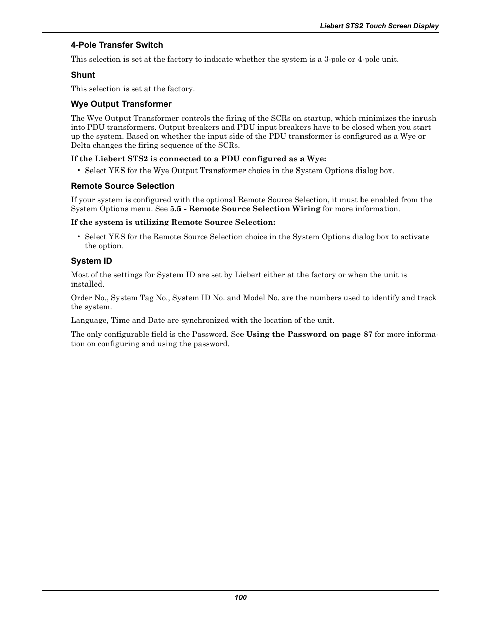 Pole transfer switch, Shunt, Wye output transformer | Remote source selection, System id | Emerson Liebert Static Transfer Switch User Manual | Page 108 / 152