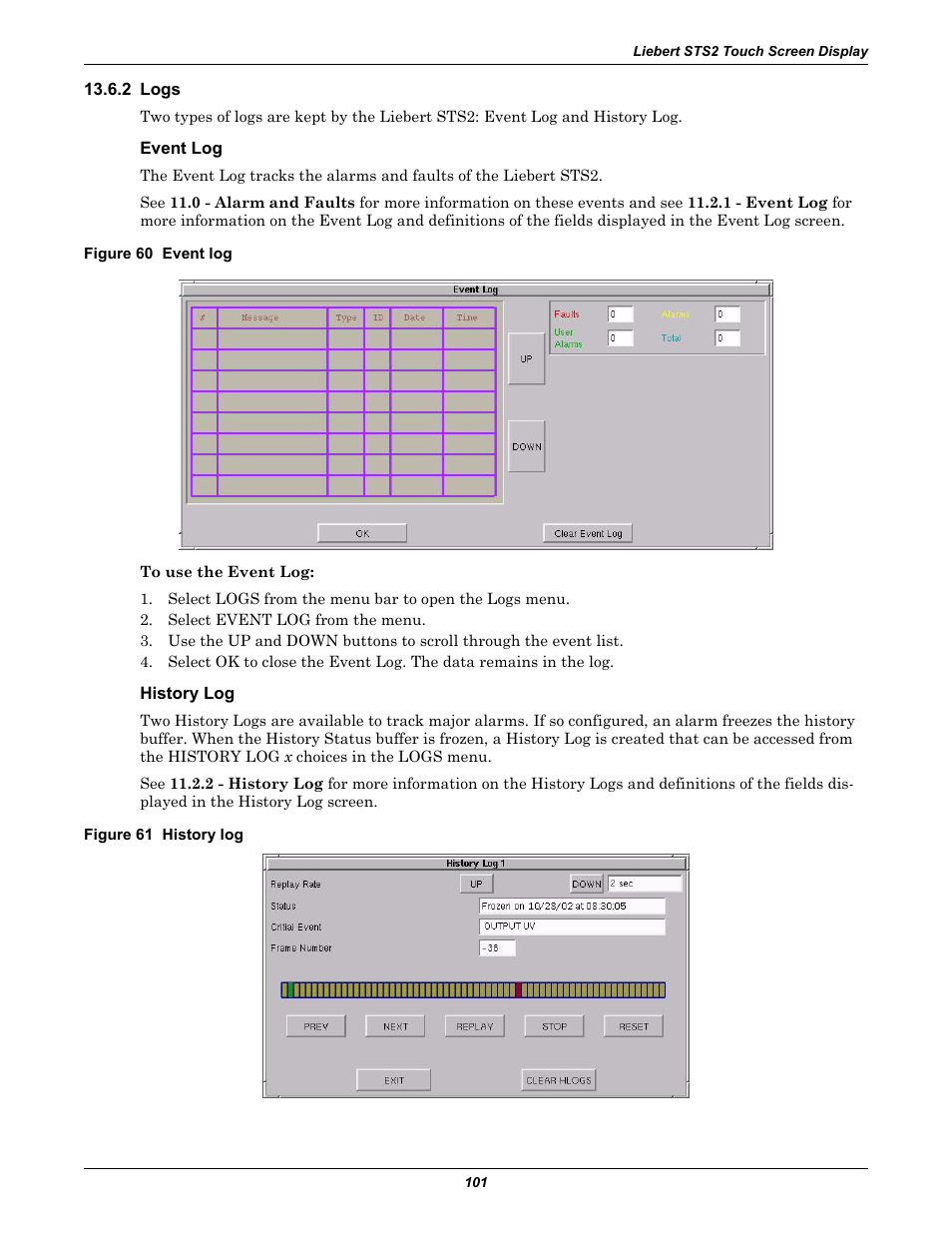 2 logs, Event log, Figure 60 event log | History log, Figure 61 history log, Figure 60 event log figure 61 history log, 2 - logs | Emerson Liebert Static Transfer Switch User Manual | Page 109 / 152