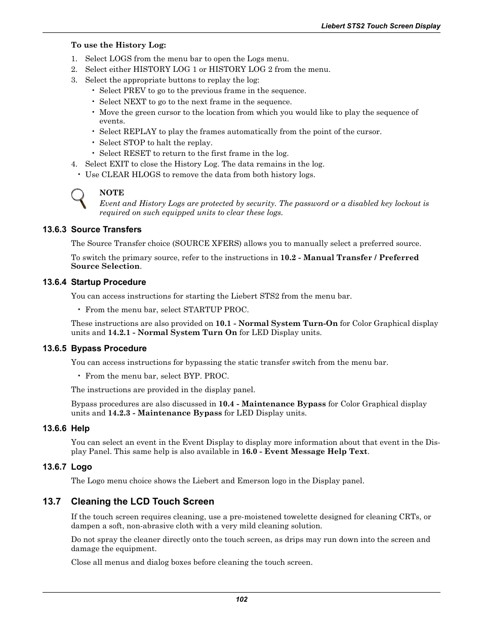 3 source transfers, 4 startup procedure, 5 bypass procedure | 6 help, 7 logo, 7 cleaning the lcd touch screen, Cleaning the lcd touch screen | Emerson Liebert Static Transfer Switch User Manual | Page 110 / 152