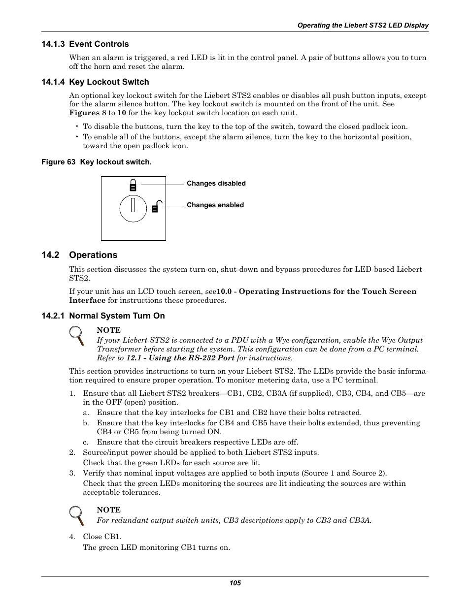 3 event controls, 4 key lockout switch, Figure 63 key lockout switch | 2 operations, 1 normal system turn on, 3 event controls 14.1.4 key lockout switch, Operations, 4 - key lockout switch, D 14.2.1 - normal system turn on | Emerson Liebert Static Transfer Switch User Manual | Page 113 / 152