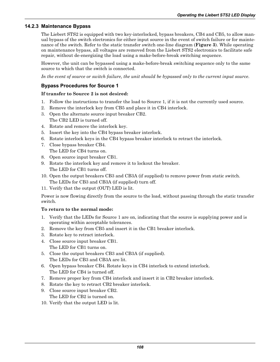 3 maintenance bypass, Bypass procedures for source 1, D 14.2.3 - maintenance bypass for le | Emerson Liebert Static Transfer Switch User Manual | Page 116 / 152