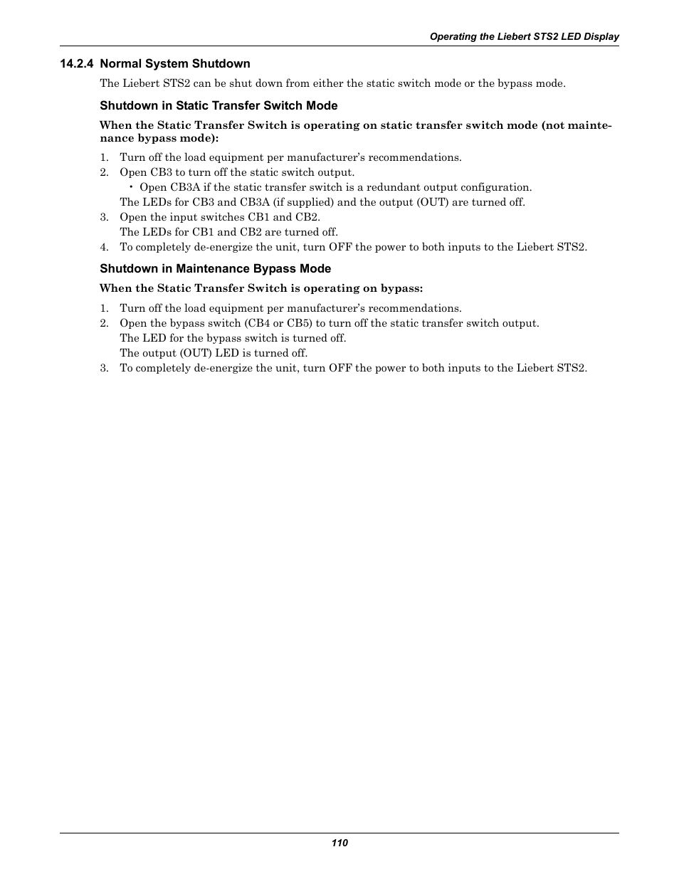 4 normal system shutdown, Shutdown in static transfer switch mode, Shutdown in maintenance bypass mode | Emerson Liebert Static Transfer Switch User Manual | Page 118 / 152