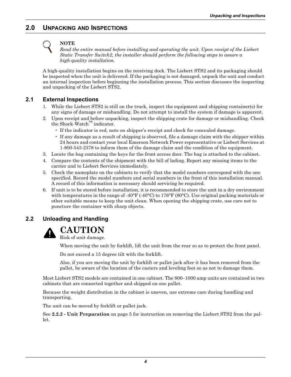 0 unpacking and inspections, 1 external inspections, 2 unloading and handling | Npacking, Nspections, External inspections, Unloading and handling, 0 - unpacking and inspections —provides inst, Caution | Emerson Liebert Static Transfer Switch User Manual | Page 12 / 152