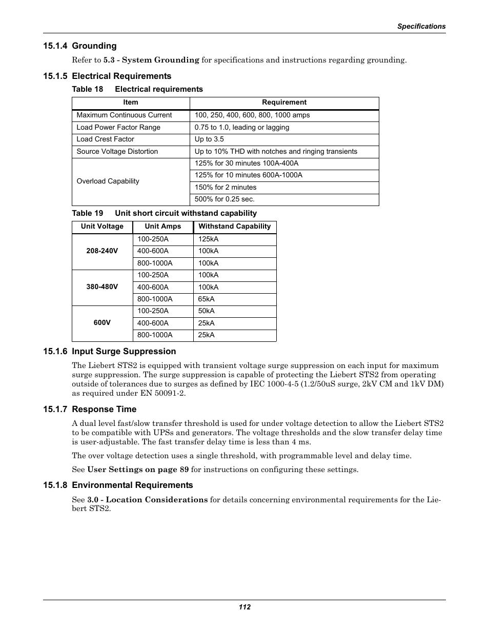 4 grounding, 5 electrical requirements, Table 18 electrical requirements | Table 19 unit short circuit withstand capability, 6 input surge suppression, 7 response time, 8 environmental requirements, Environmental requirements, Table 18, Electrical requirements | Emerson Liebert Static Transfer Switch User Manual | Page 120 / 152