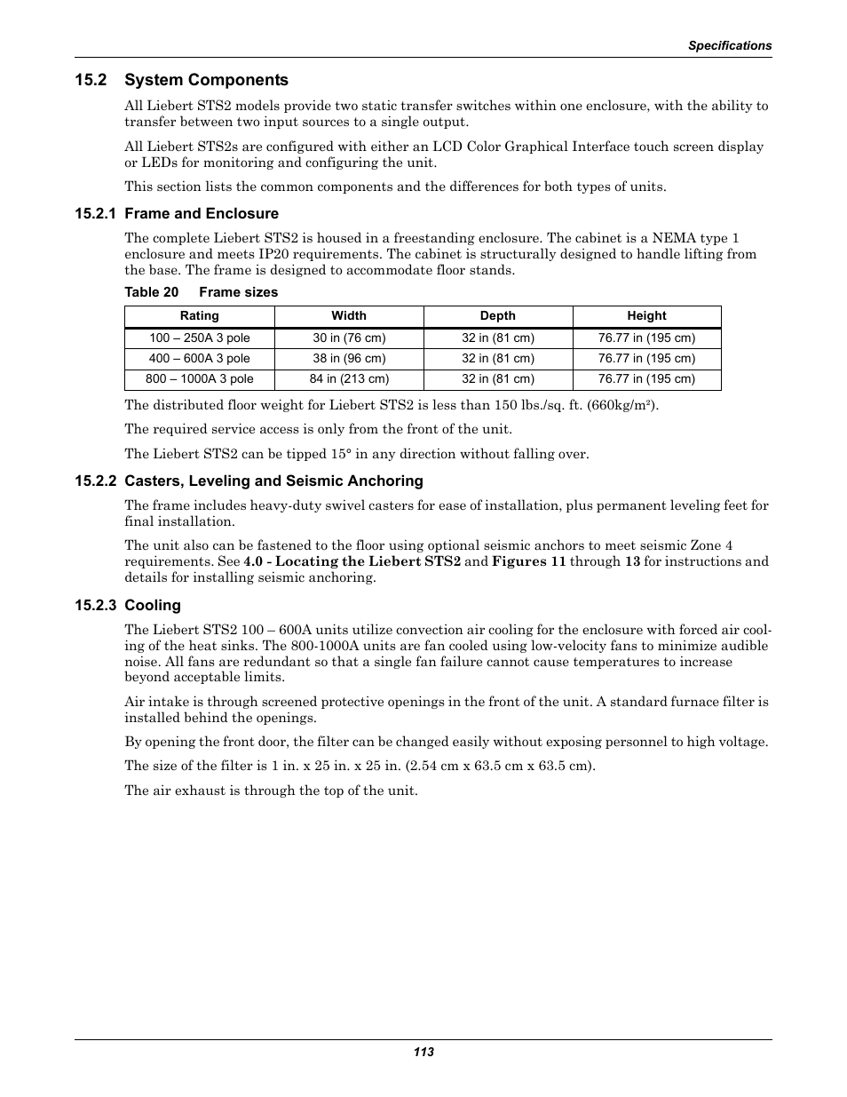 2 system components, 1 frame and enclosure, Table 20 frame sizes | 2 casters, leveling and seismic anchoring, 3 cooling, System components, Table 20, Frame sizes | Emerson Liebert Static Transfer Switch User Manual | Page 121 / 152