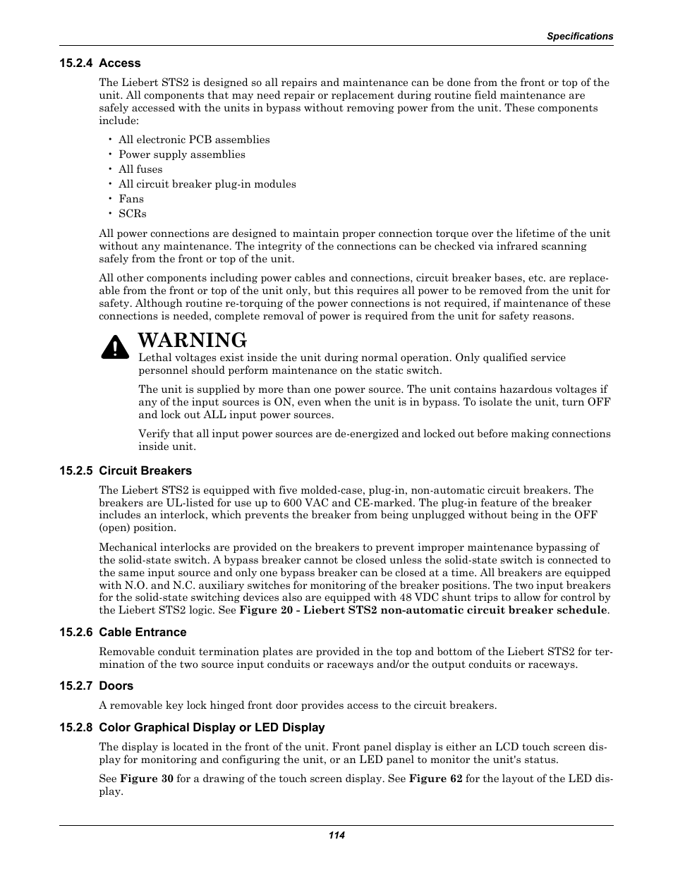 4 access, 5 circuit breakers, 6 cable entrance | 7 doors, 8 color graphical display or led display, 5 - circuit breakers fo, Warning | Emerson Liebert Static Transfer Switch User Manual | Page 122 / 152