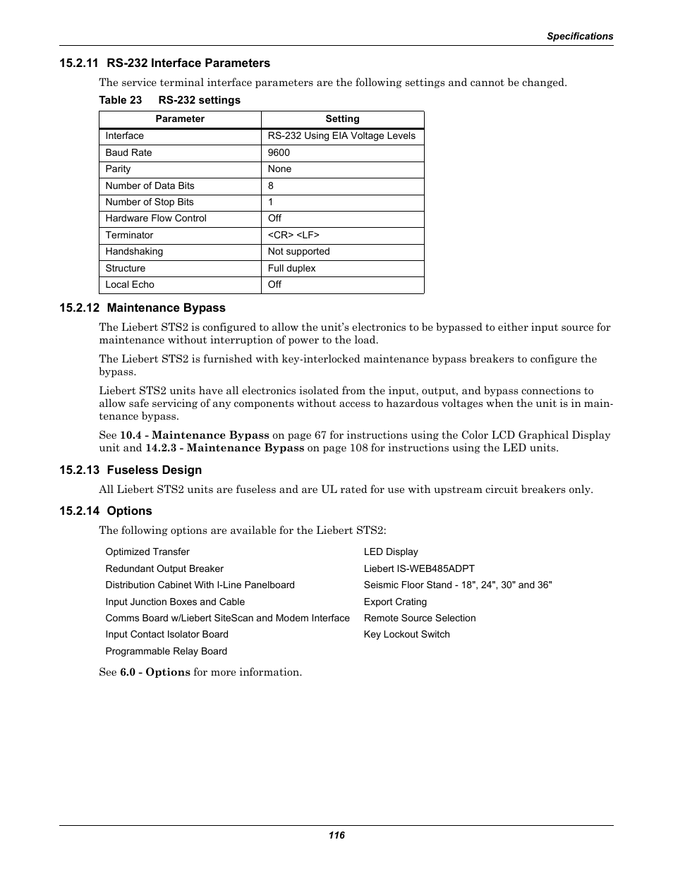 11 rs-232 interface parameters, Table 23 rs-232 settings, 12 maintenance bypass | 13 fuseless design, 14 options, Table 23, Rs-232 settings | Emerson Liebert Static Transfer Switch User Manual | Page 124 / 152