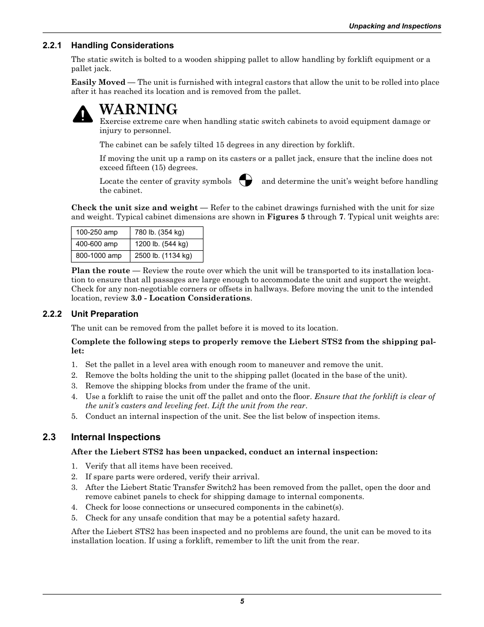 1 handling considerations, 2 unit preparation, 3 internal inspections | Handling considerations, Unit preparation, Internal inspections, Warning | Emerson Liebert Static Transfer Switch User Manual | Page 13 / 152