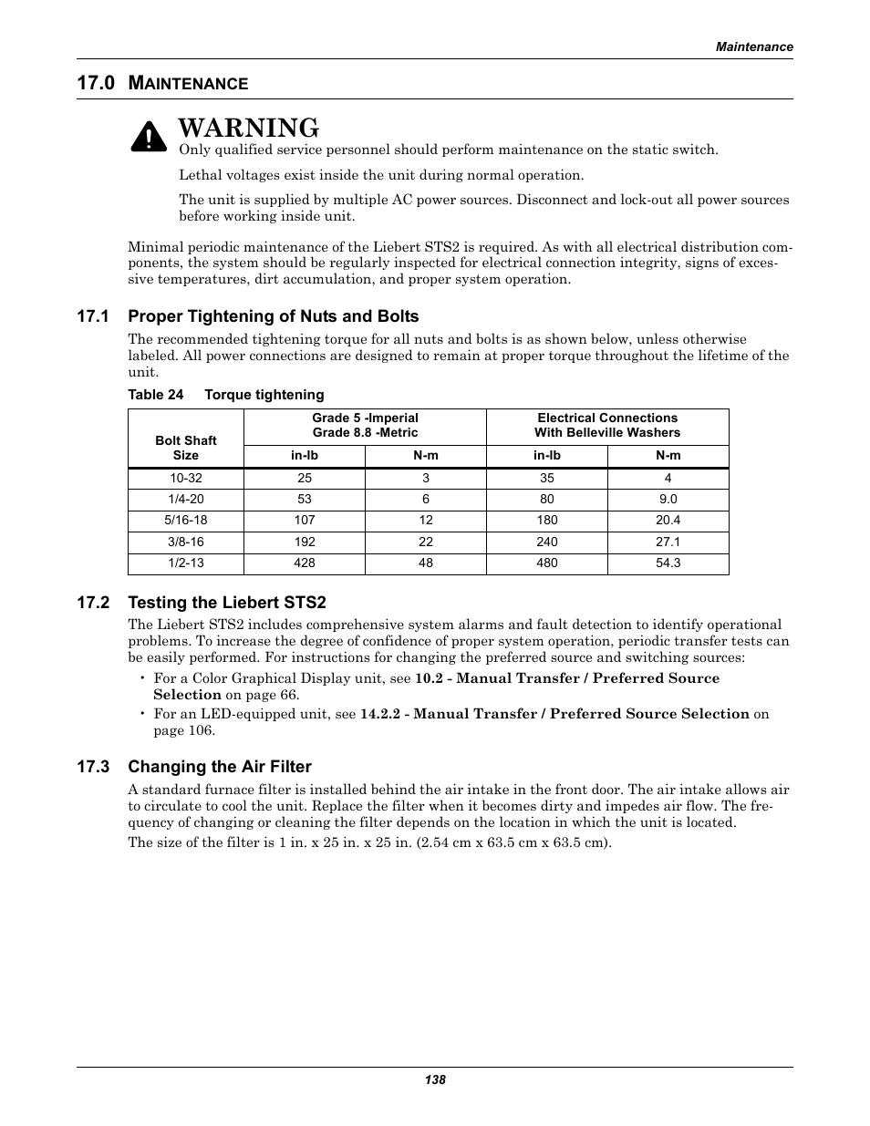 0 maintenance, 1 proper tightening of nuts and bolts, Table 24 torque tightening | 2 testing the liebert sts2, 3 changing the air filter, Aintenance, Proper tightening of nuts and bolts, Testing the liebert sts2, Changing the air filter, Table 24 | Emerson Liebert Static Transfer Switch User Manual | Page 146 / 152