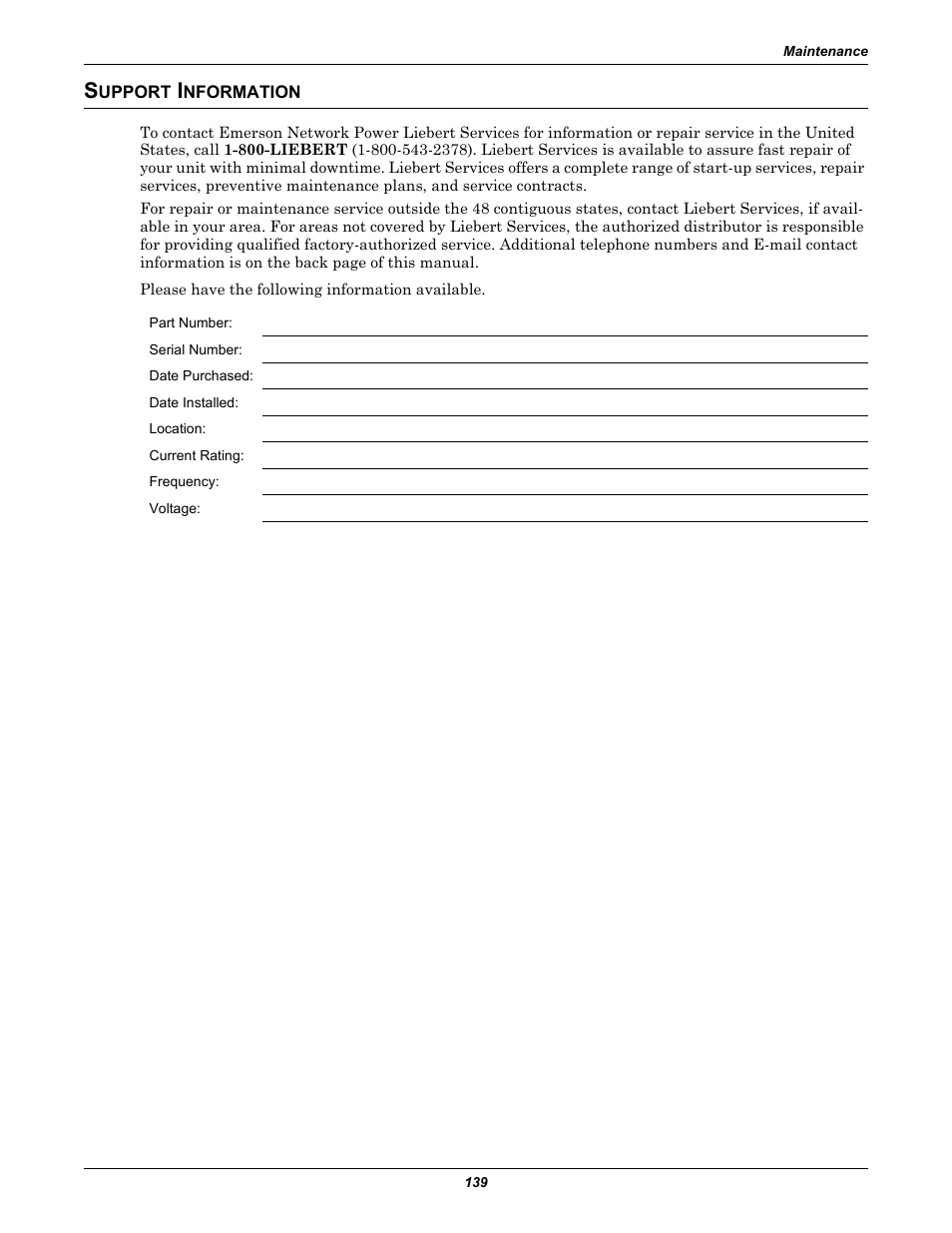 Support information, Upport, Nformation | Emerson Liebert Static Transfer Switch User Manual | Page 147 / 152