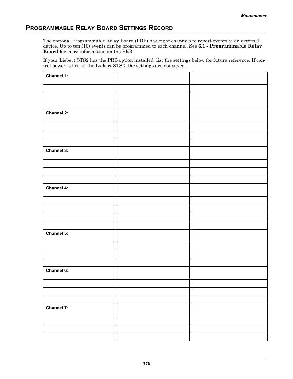 Programmable relay board settings record, Rogrammable, Elay | Oard, Ettings, Ecord | Emerson Liebert Static Transfer Switch User Manual | Page 148 / 152