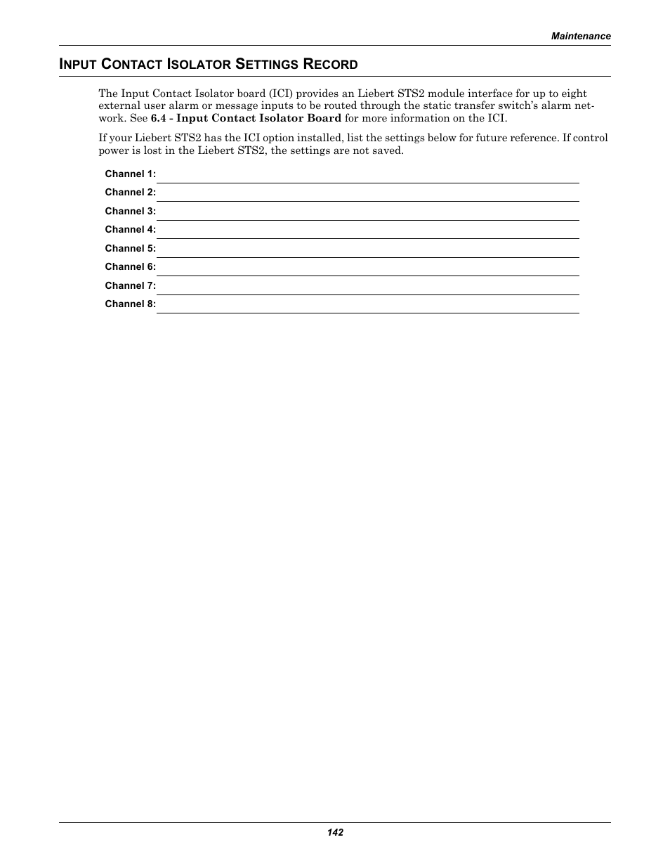 Input contact isolator settings record, Nput, Ontact | Solator, Ettings, Ecord | Emerson Liebert Static Transfer Switch User Manual | Page 150 / 152
