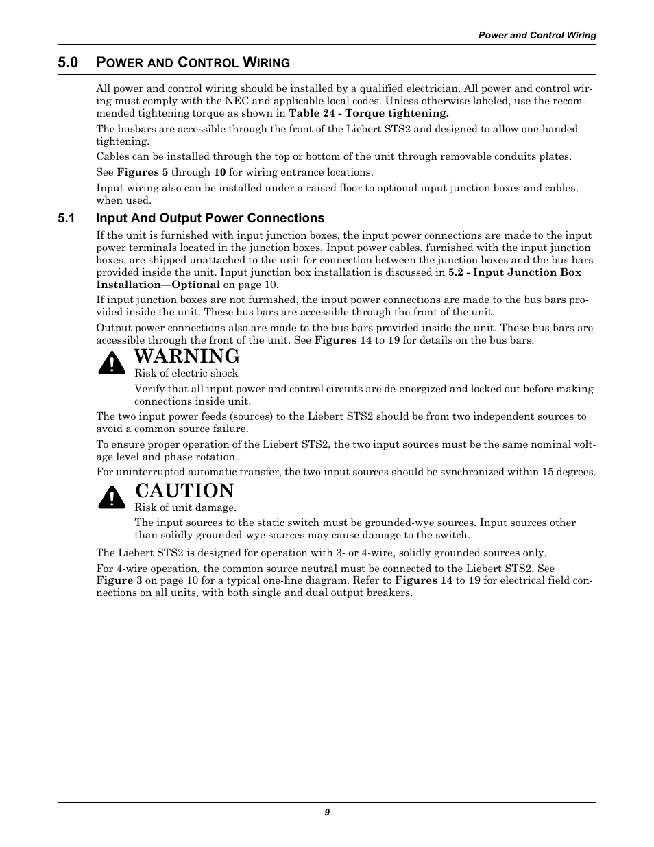 0 power and control wiring, 1 input and output power connections, Ower | Ontrol, Iring, Input and output power connections, Warning, Caution | Emerson Liebert Static Transfer Switch User Manual | Page 17 / 152
