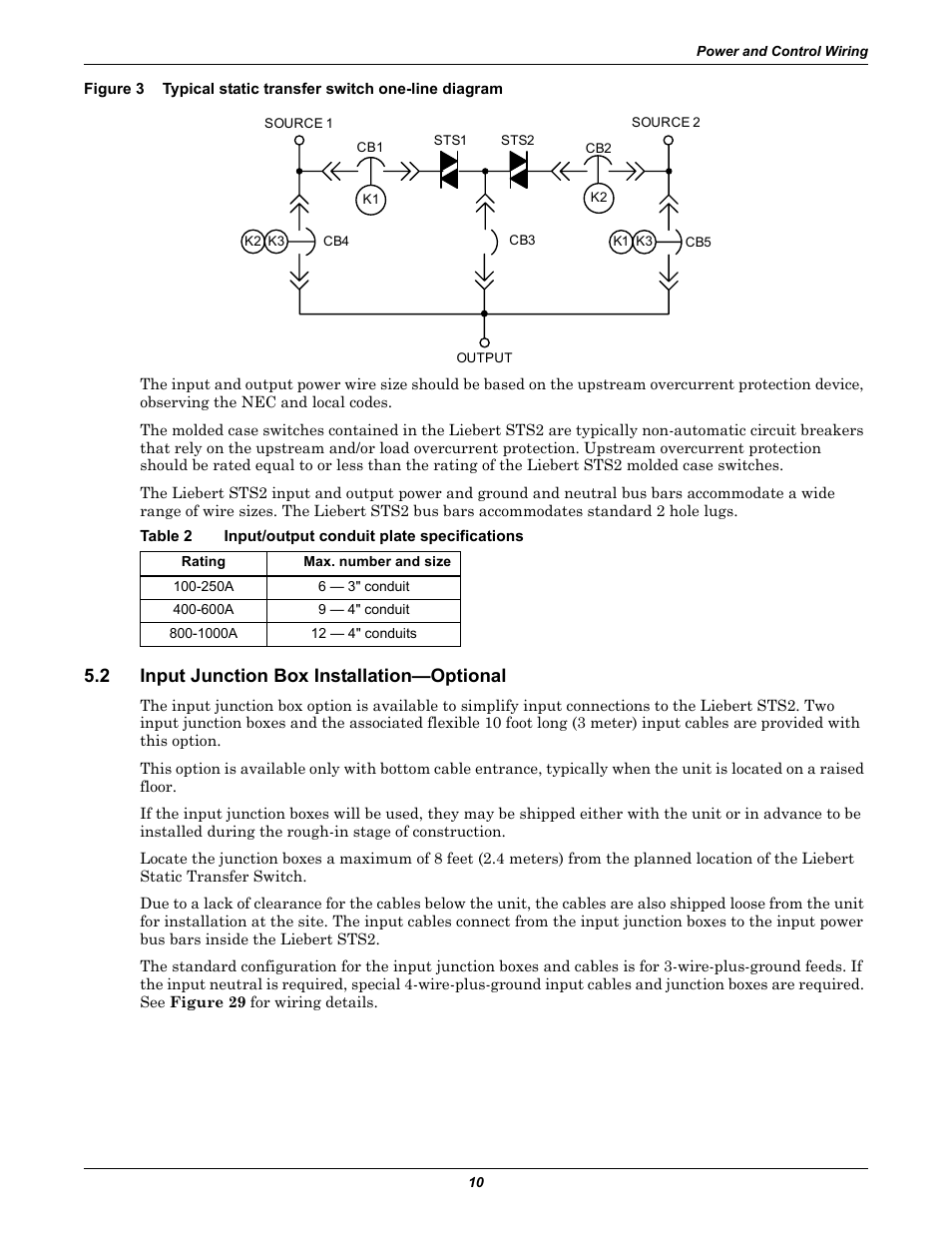 Table 2 input/output conduit plate specifications, 2 input junction box installation—optional, Input junction box installation—optional | Figure 3, Typical static transfer switch one-line diagram, Table 2, Input/output conduit plate specifications, 2 - input junction box | Emerson Liebert Static Transfer Switch User Manual | Page 18 / 152