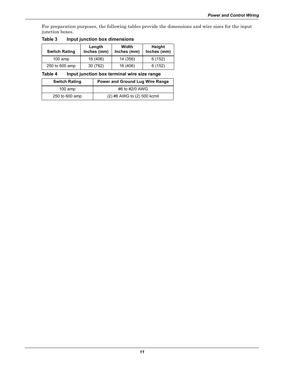 Table 3 input junction box dimensions, Table 3, Input junction box dimensions | Table 4, Input junction box terminal wire size range | Emerson Liebert Static Transfer Switch User Manual | Page 19 / 152