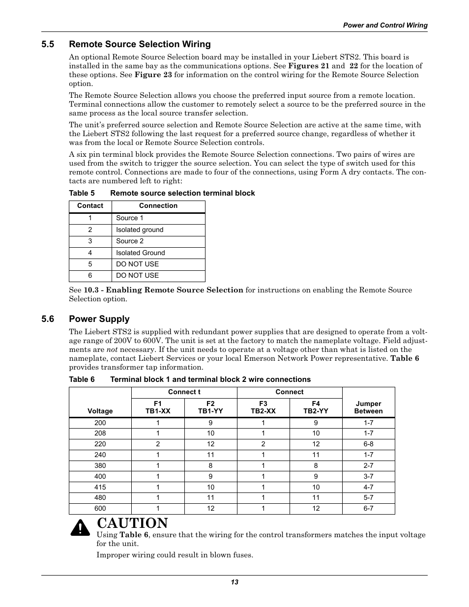 5 remote source selection wiring, Table 5 remote source selection terminal block, 6 power supply | Remote source selection wiring, Power supply, Table 5, Remote source selection terminal block, Table 6, Caution | Emerson Liebert Static Transfer Switch User Manual | Page 21 / 152