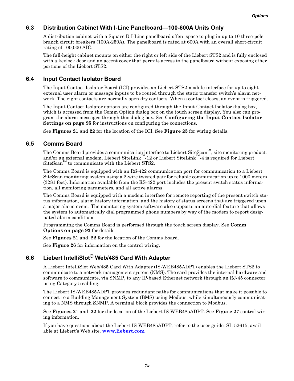 4 input contact isolator board, 5 comms board, 6 liebert intellislot® web/485 card with adapter | Input contact isolator board, Comms board, Liebert intellislot | Emerson Liebert Static Transfer Switch User Manual | Page 23 / 152