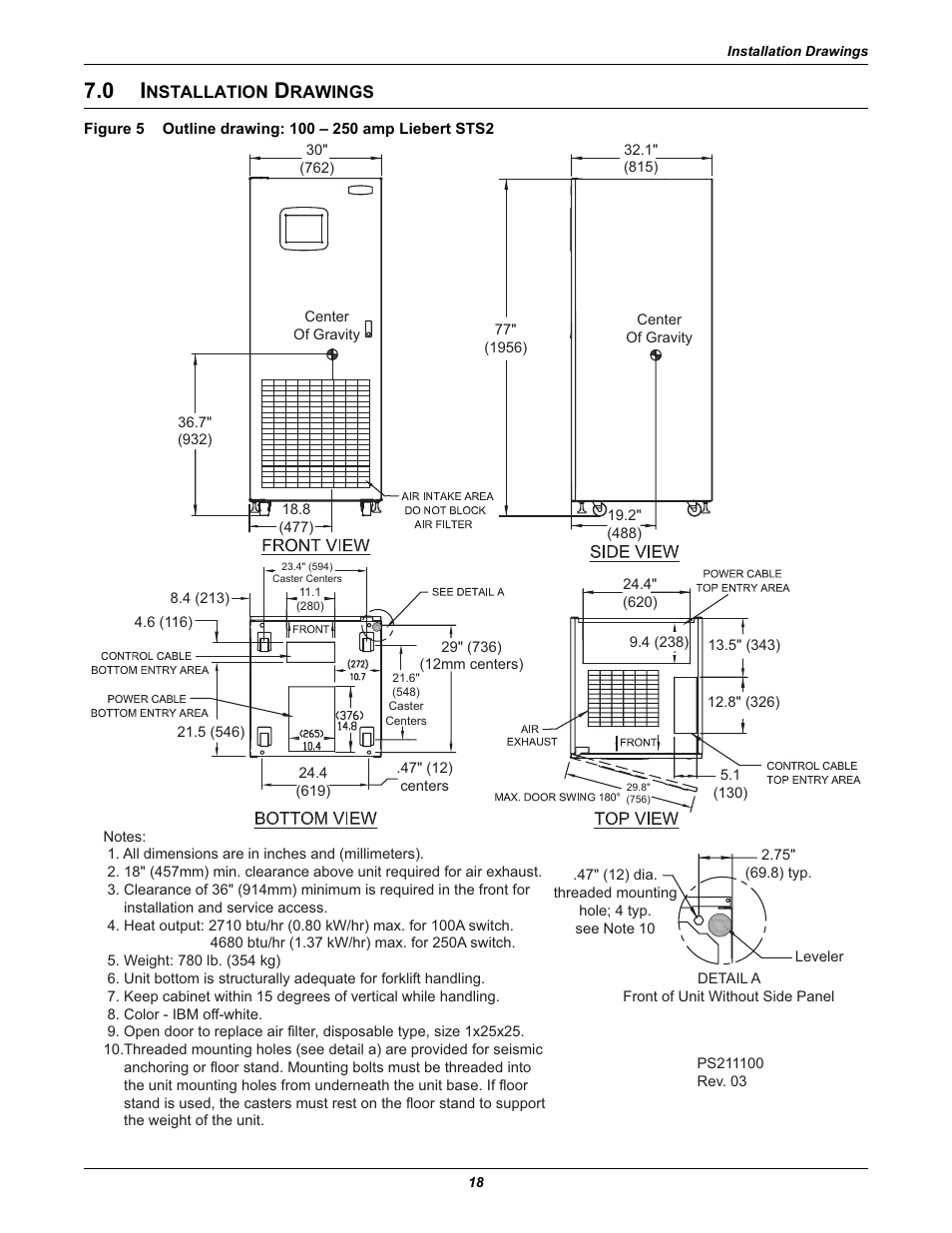 0 installation drawings, Nstallation, Rawings | Figure 5, Outline drawing: 100 – 250 amp liebert sts2, 0 - installation drawings —prov, See figures 5, Figures 5 | Emerson Liebert Static Transfer Switch User Manual | Page 26 / 152