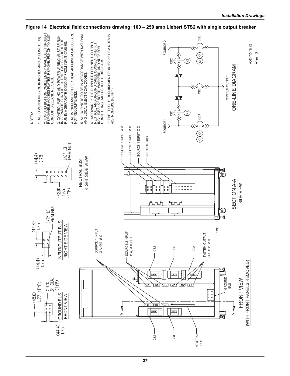 Output breaker, Figures 14 to, Figures 14 | Front view, One-line diagram | Emerson Liebert Static Transfer Switch User Manual | Page 35 / 152