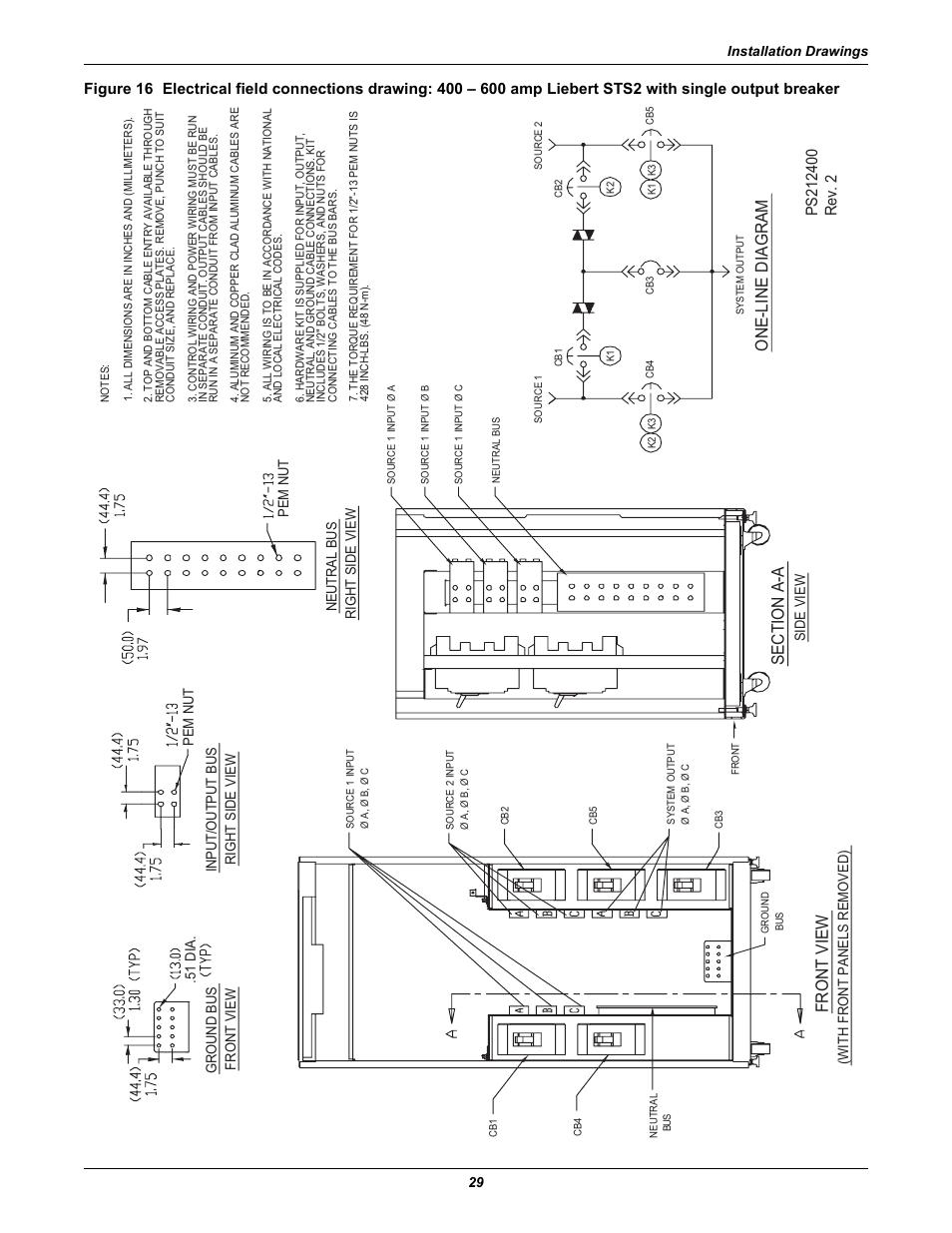 Output breaker, Front view, One-line diagram | Emerson Liebert Static Transfer Switch User Manual | Page 37 / 152