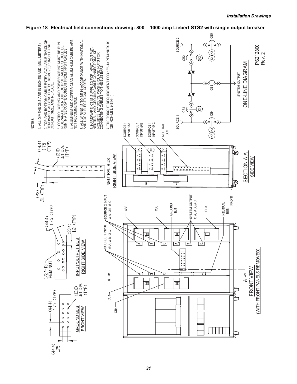 Output breaker, Front view, One-line diagram | Emerson Liebert Static Transfer Switch User Manual | Page 39 / 152
