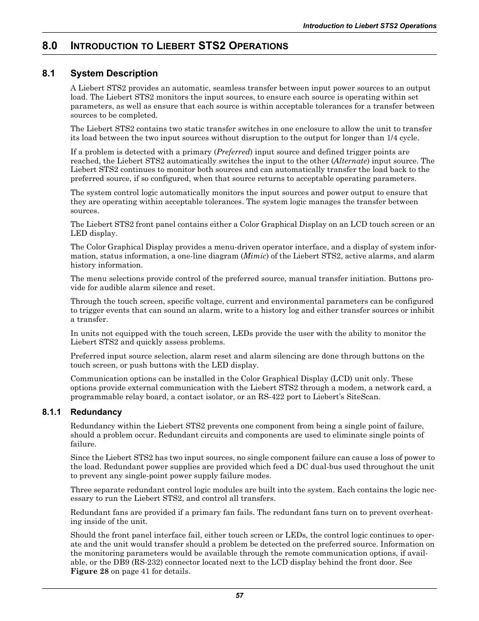 0 introduction to liebert sts2 operations, 1 system description, 1 redundancy | Ntroduction, Iebert, Sts2 o, Perations, System description, Redundancy, 0 - introduction to liebert sts2 operations —p | Emerson Liebert Static Transfer Switch User Manual | Page 65 / 152