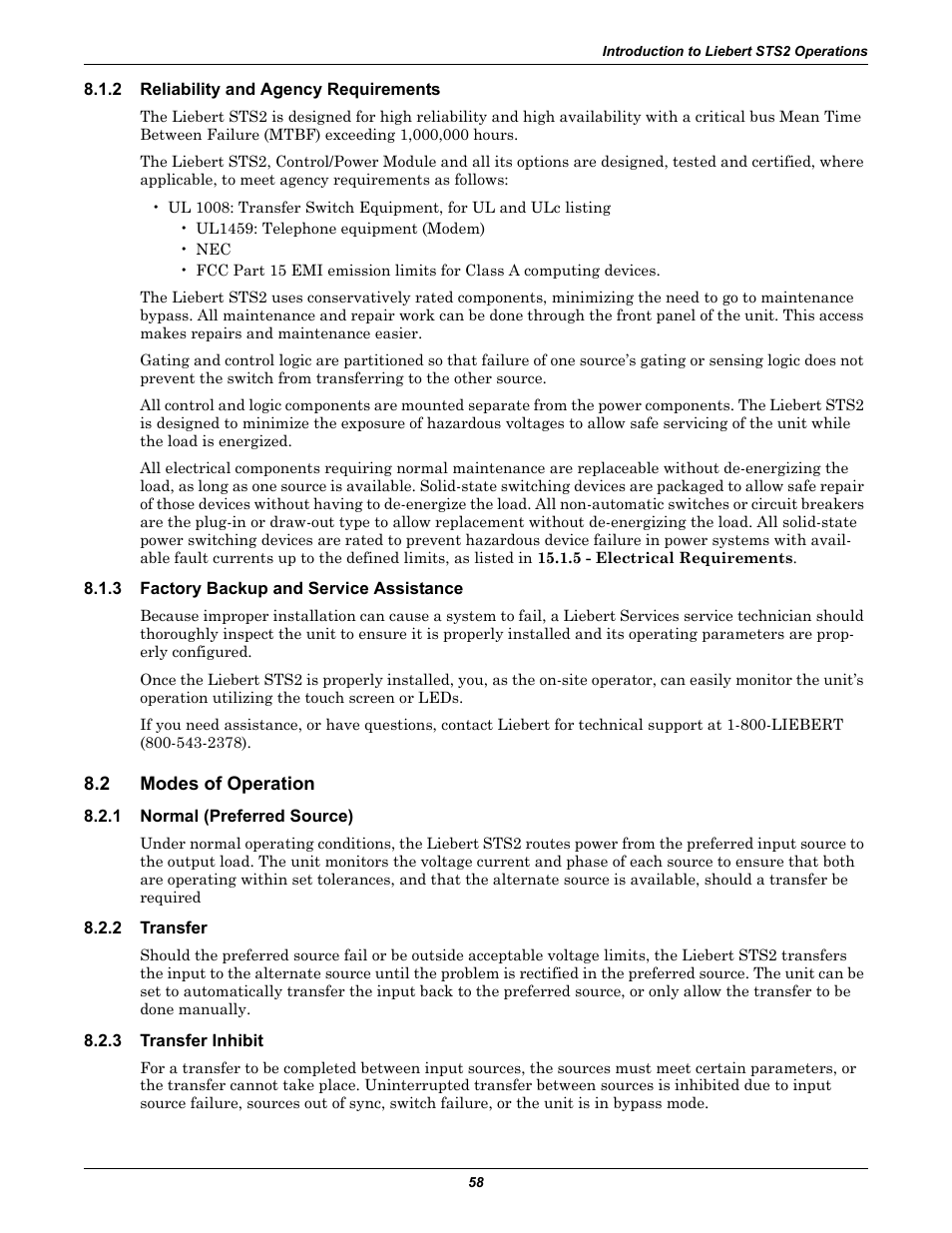 2 reliability and agency requirements, 3 factory backup and service assistance, 2 modes of operation | 1 normal (preferred source), 2 transfer, 3 transfer inhibit, Reliability and agency requirements, Factory backup and service assistance, Modes of operation, Normal (preferred source) | Emerson Liebert Static Transfer Switch User Manual | Page 66 / 152