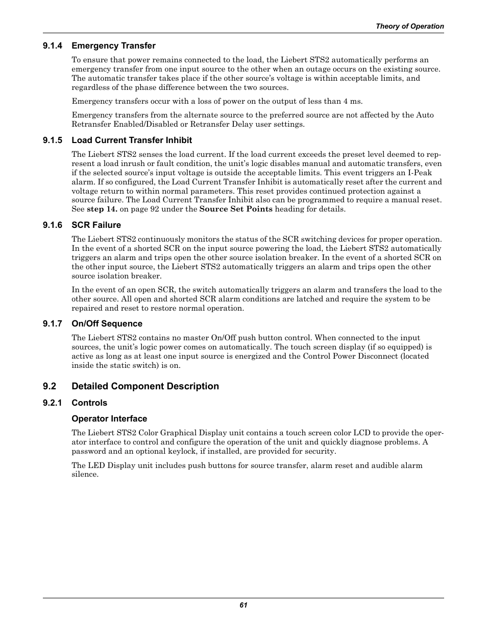 4 emergency transfer, 5 load current transfer inhibit, 6 scr failure | 7 on/off sequence, 2 detailed component description, 1 controls, Operator interface, Emergency transfer, Load current transfer inhibit, Scr failure | Emerson Liebert Static Transfer Switch User Manual | Page 69 / 152
