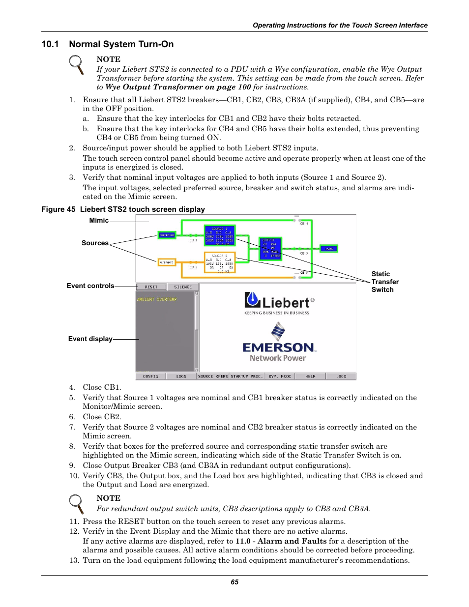 1 normal system turn-on, Figure 45 liebert sts2 touch screen display, Normal system turn-on | Emerson Liebert Static Transfer Switch User Manual | Page 73 / 152