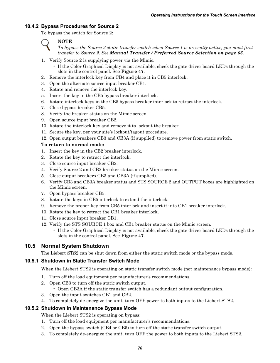 2 bypass procedures for source 2, 5 normal system shutdown, 1 shutdown in static transfer switch mode | 2 shutdown in maintenance bypass mode, Normal system shutdown | Emerson Liebert Static Transfer Switch User Manual | Page 78 / 152